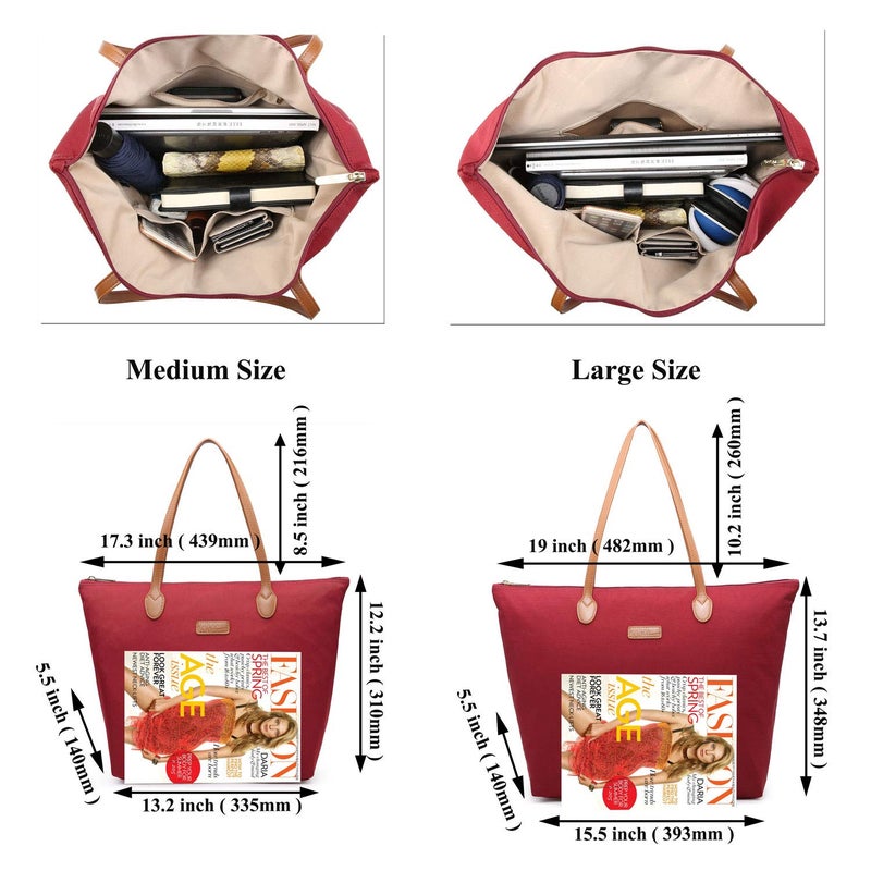 NNEE Water Resistant Light Weight Nylon Tote Bag Handbag - Large Size, Dark Red - Image 5